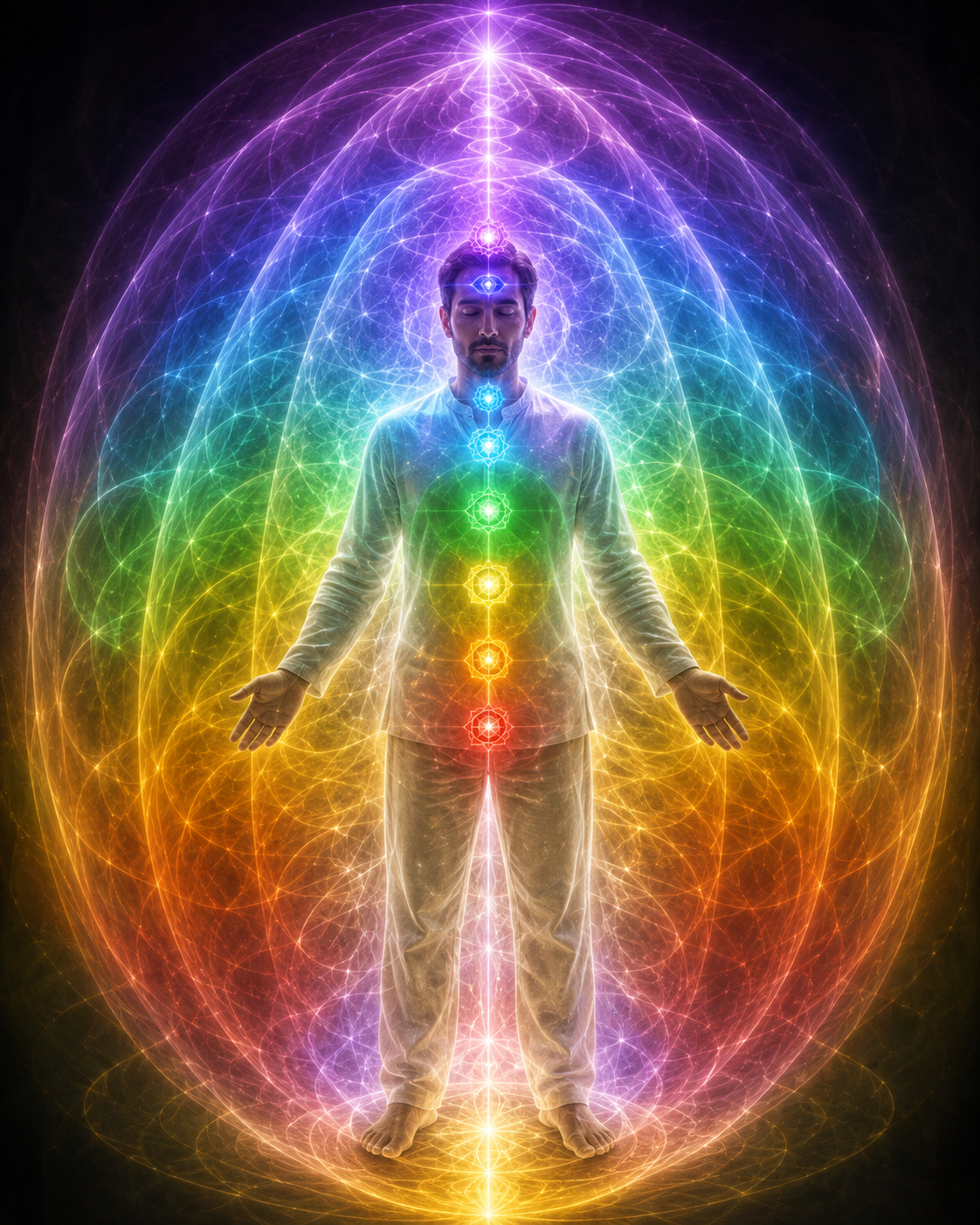 Homme debout, yeux fermés, les 7 chakras alignés le long de la colonne et une aura arc-en-ciel en couches concentriques qui l'enveloppe entièrement