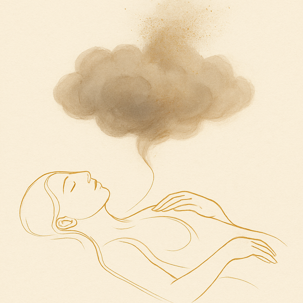 Illustration dorée : un nuage d'énergie dense au-dessus du corps allongé se dissout en particules de lumière