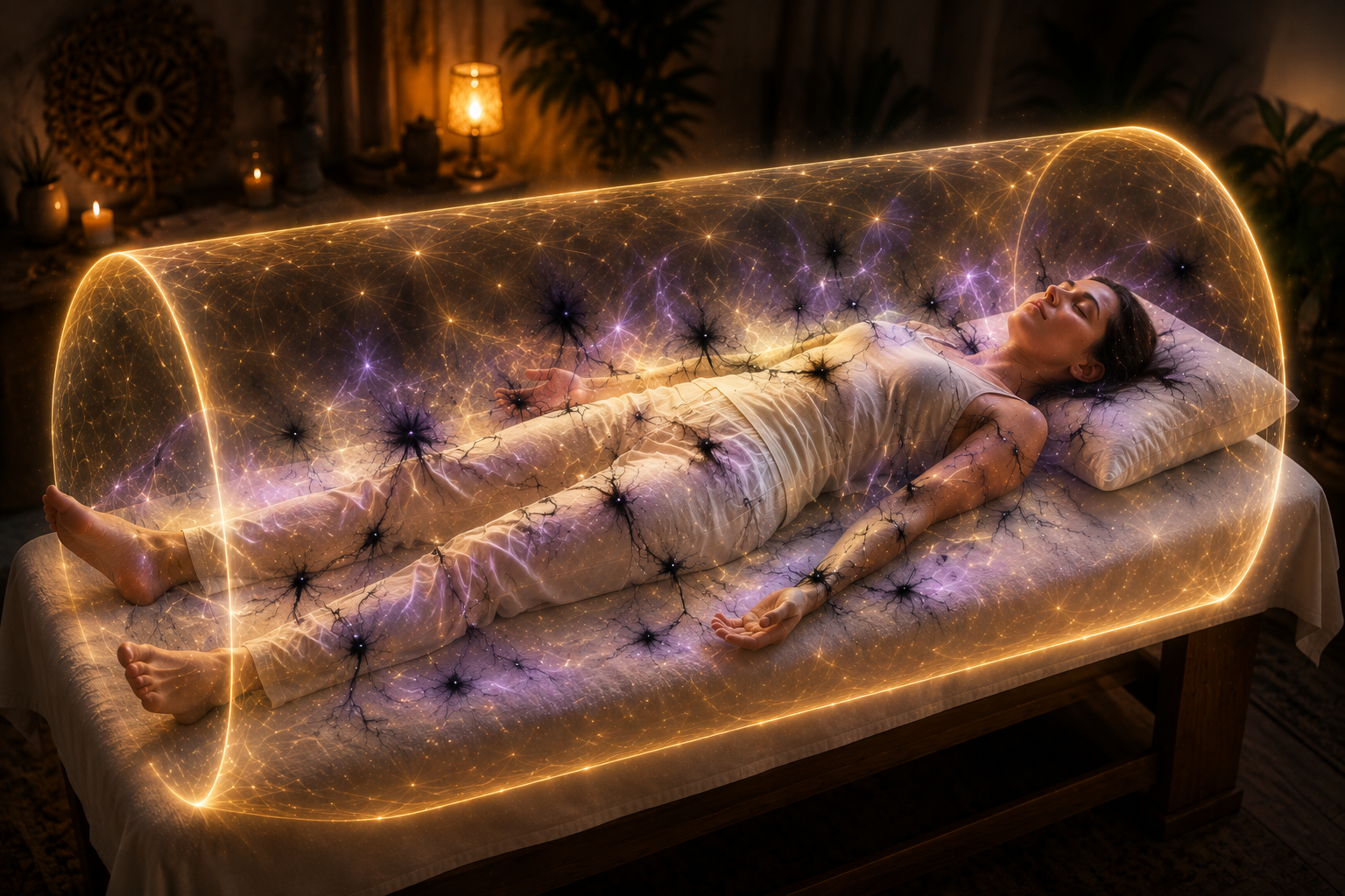 Receveur allongé sur la table, enveloppé dans un tube de lumière dorée, liens énergétiques sombres traversant le corps