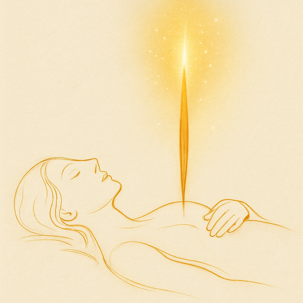 Illustration dorée : une pointe de lumière s'élève au-dessus du corps allongé, symbolisant la mémoire ancienne à extraire