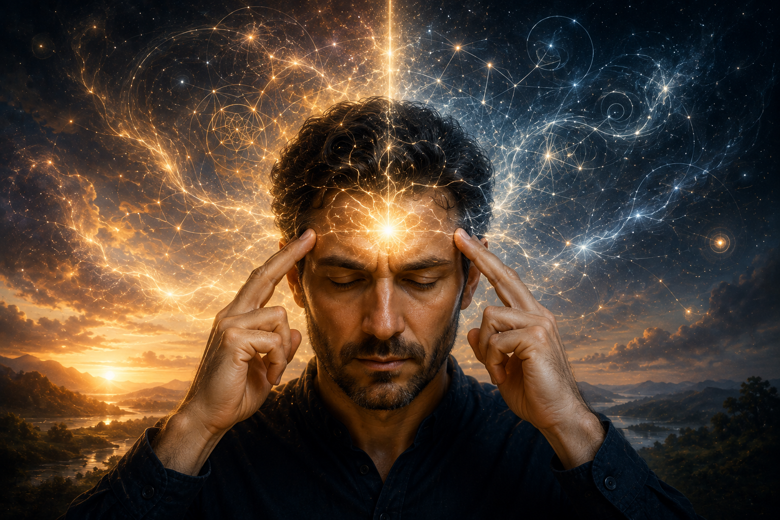 Homme les yeux fermés, doigts sur les tempes, réseau de lumière et constellations qui émanent de son esprit