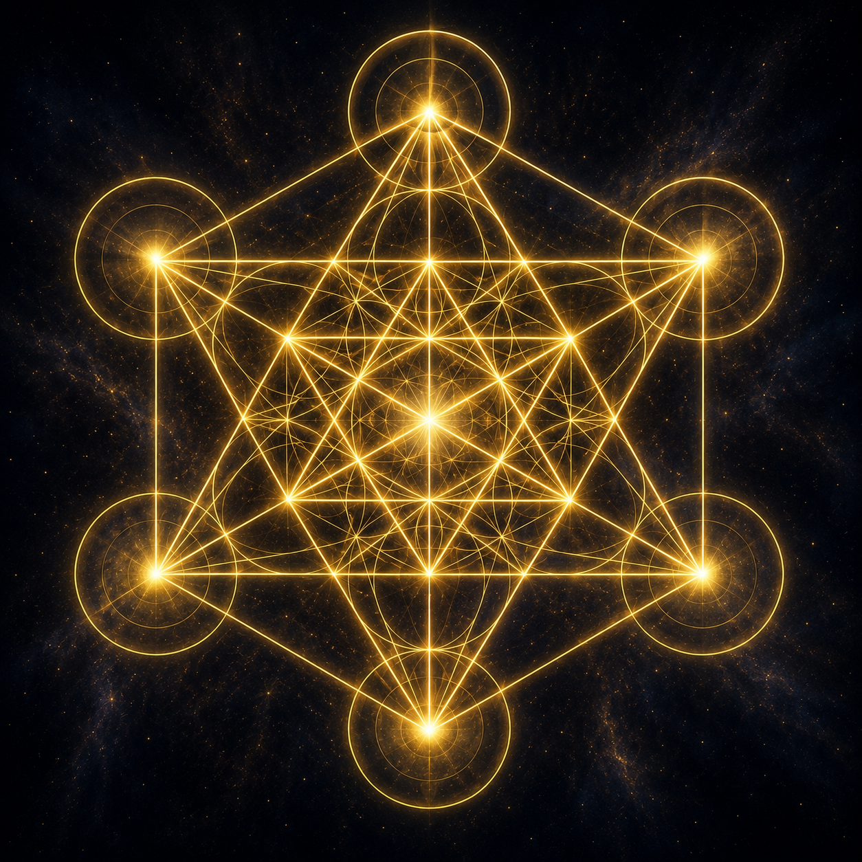 Cube de Métatron : 13 cercles reliés par des lignes dorées formant le motif géométrique complet