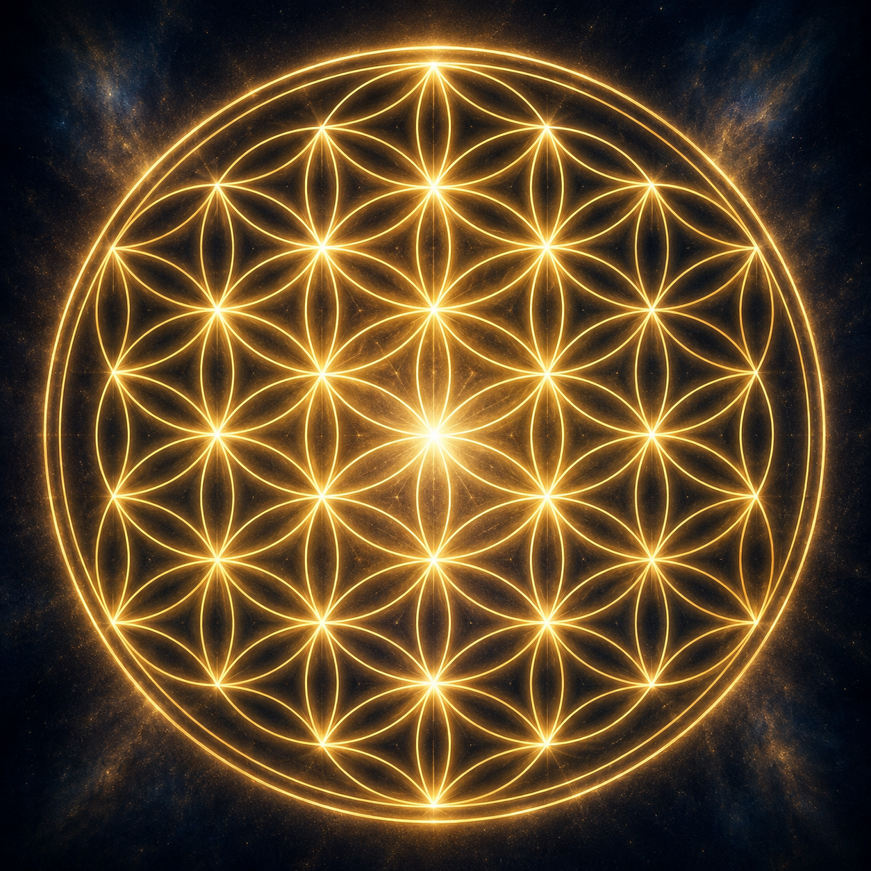Fleur de vie : 19 cercles dorés entrelacés