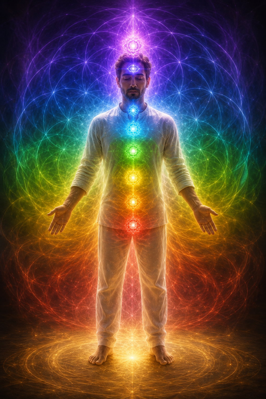 Silhouette sombre sur fond étoilé avec les 7 chakras alignés le long de l'axe du corps, du violet au sommet au rouge à la base