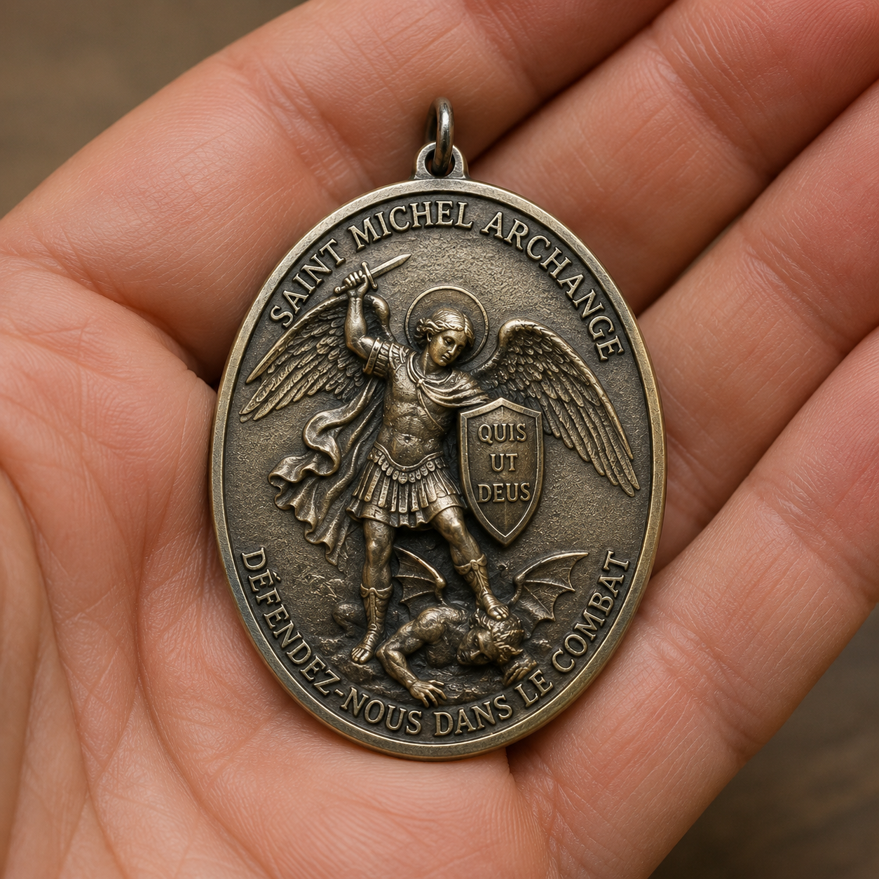 Médaille de Saint Michel Archange tenue en main, terrassant le démon