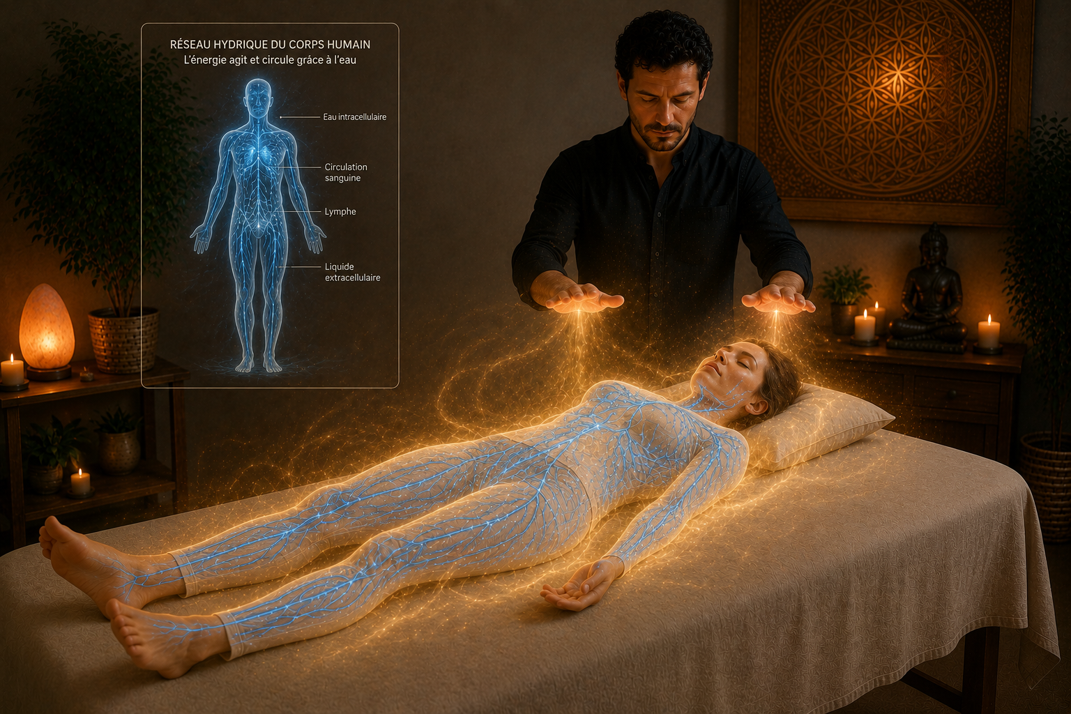 Réseau hydrique du corps humain (eau intracellulaire, circulation sanguine, lymphe, liquide extracellulaire) traversé par l'énergie du magnétiseur