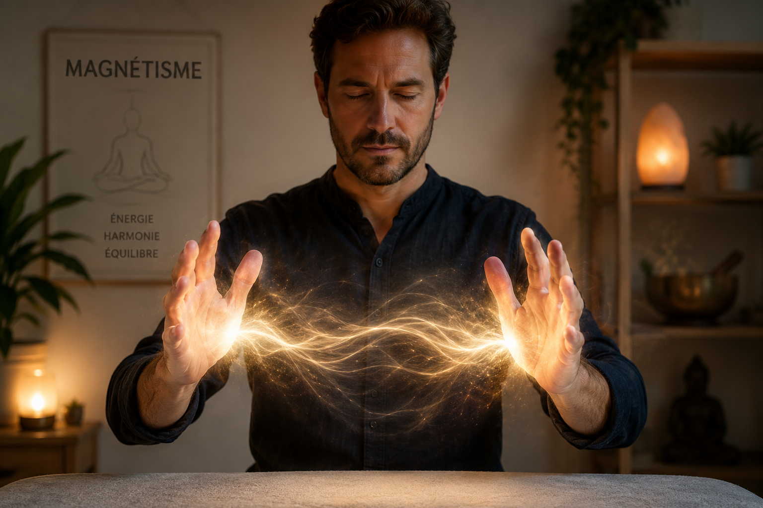 Mains face à face, énergie dorée qui circule entre les deux paumes