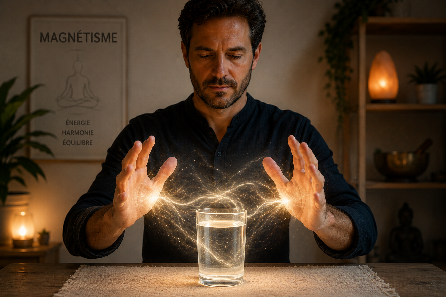 Mains autour d'un verre d'eau, énergie dorée qui circule entre les paumes et le verre