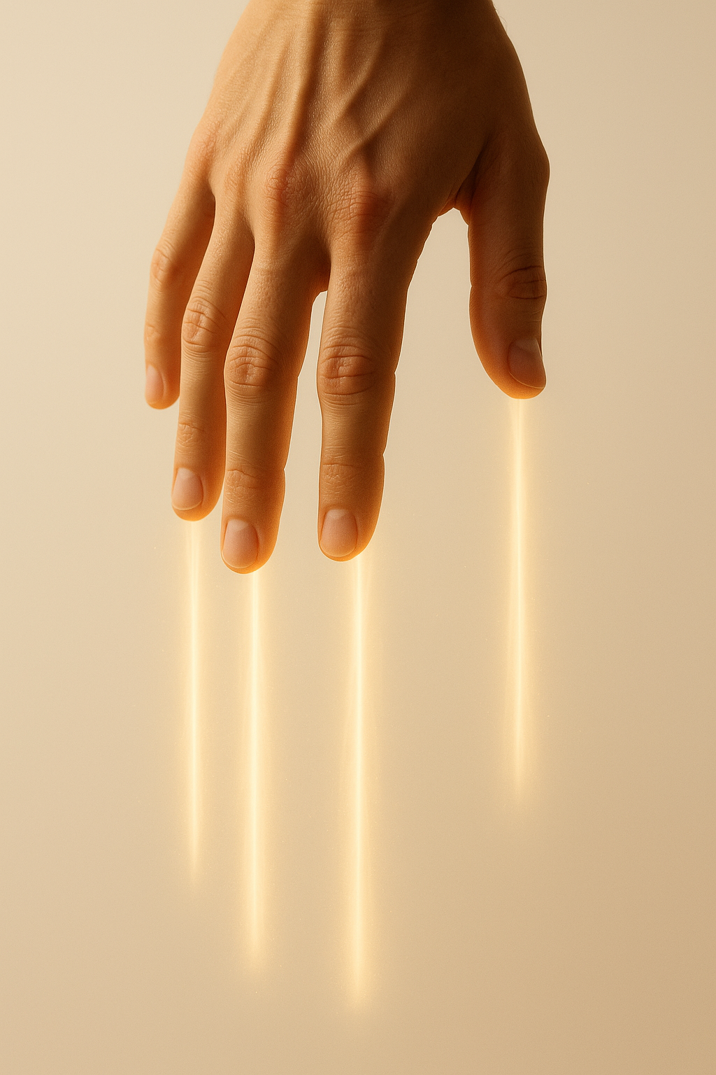 Main réelle, doigts pointés vers le bas, chacun prolongé par un filament de lumière dorée dans le même axe