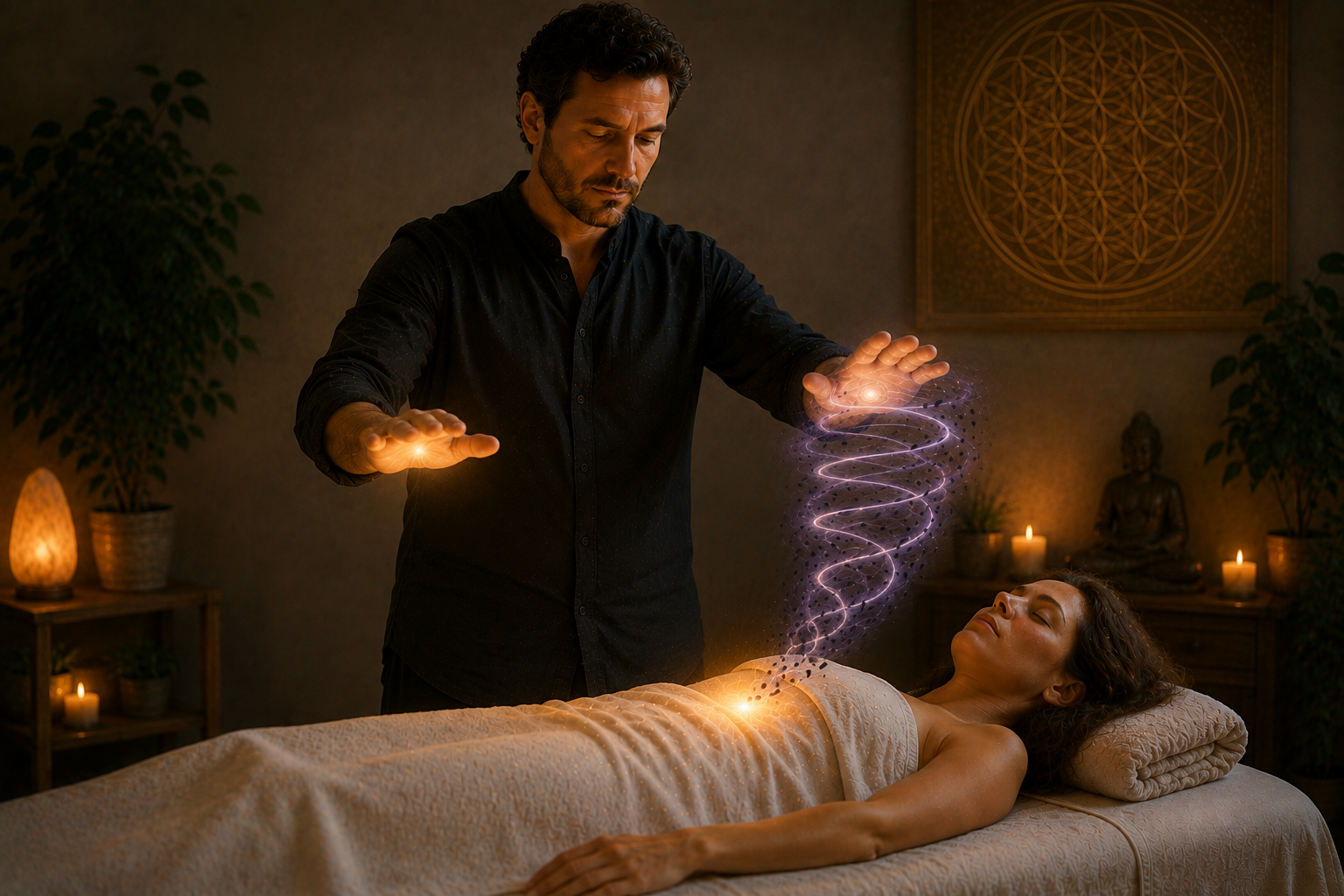 Spirale d'énergie violette qui s'élève de la zone traitée jusqu'à la main réceptrice du praticien