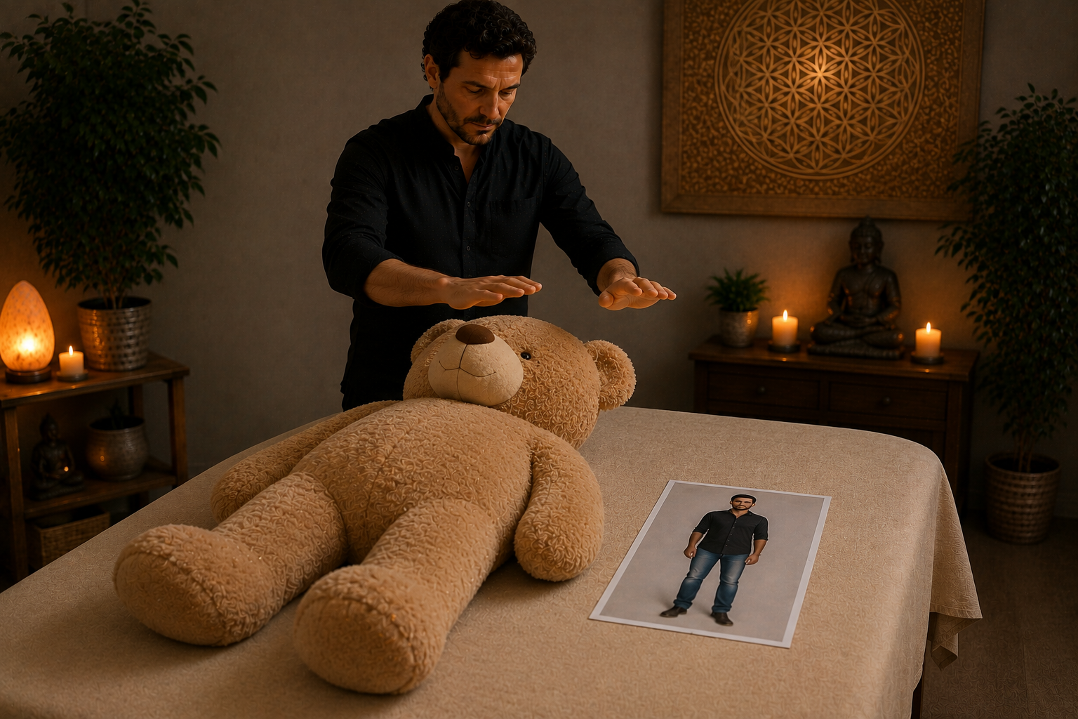 Praticien debout devant une table, mains au-dessus d'un grand nounours allongé, avec la photo de la personne posée à côté dans le même sens que le nounours