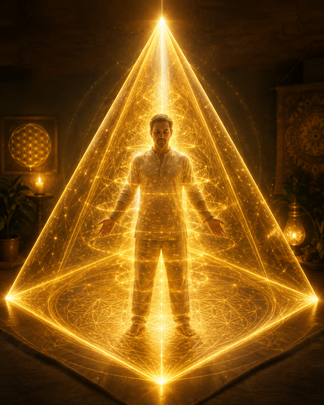 Praticien debout au centre d'une pyramide de lumière dorée, bras ouverts, fleur de vie visible au sol et au mur